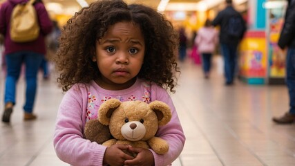Lost in the crowd, a young girl clutches her teddy bear tightly, her eyes filled with uncertainty while wandering through a bustling shopping mall on a lively afternoon