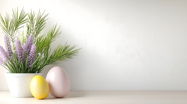 Easter day celebration with pastel tone easter eggs and flowers indoor decor relaxed setting