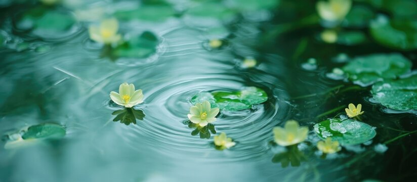 Flowering duckweeds floating on the surface of calm freshwater, creating a serene natural landscape in wetlands.