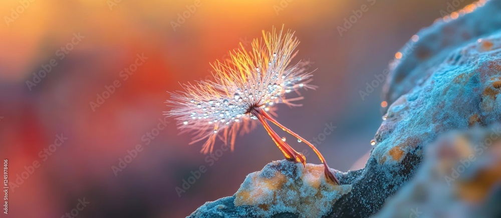 Poster dandelion seeds illuminated by soft light with water droplets creating a dreamy, ethereal nature sce