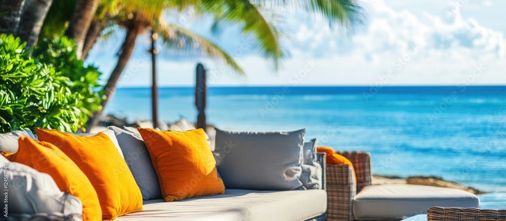 Poster Cozy beachfront lounge with comfortable seating and ocean view ideal for relaxation and tranquility in a serene tropical setting