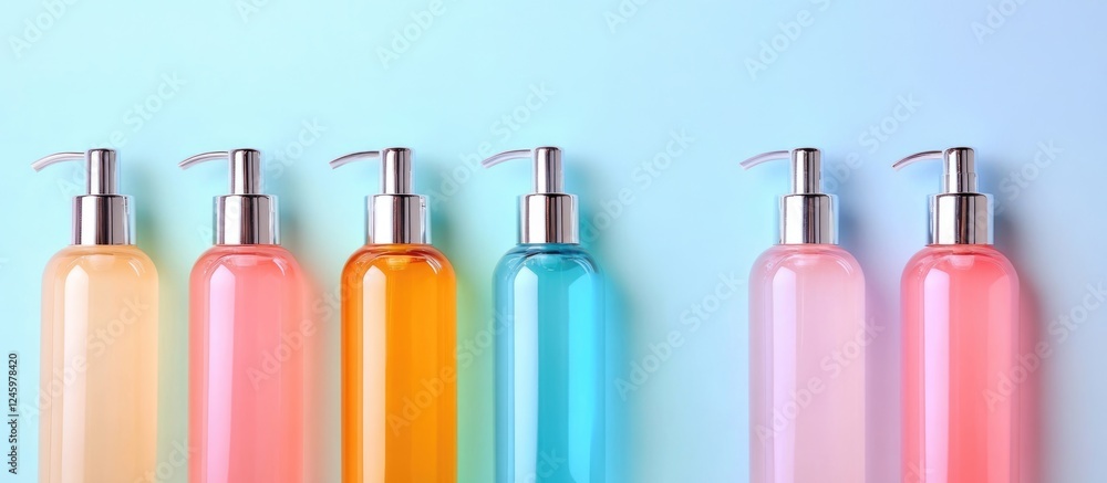 Leinwandbilder Cosmetic bottles lined up on a pastel gradient background with ample empty space for text and branding opportunities.