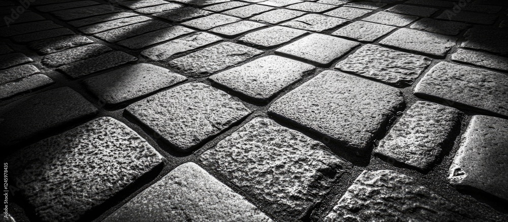 Poster Cobblestone pavement in Prague featuring intricate textures and shadows for a striking monochrome background design
