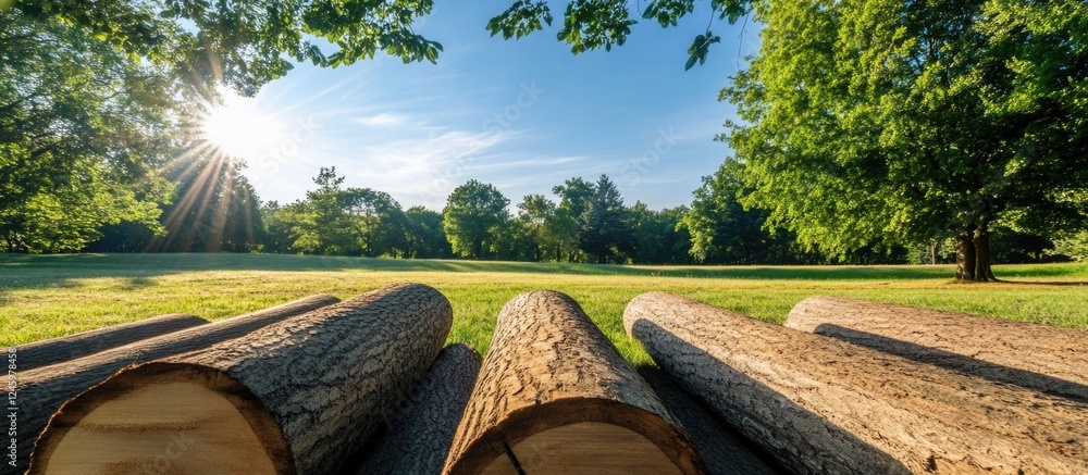 Aufkleber cut timber logs in a serene park setting surrounded by lush greenery and gentle sunlight filtering t
