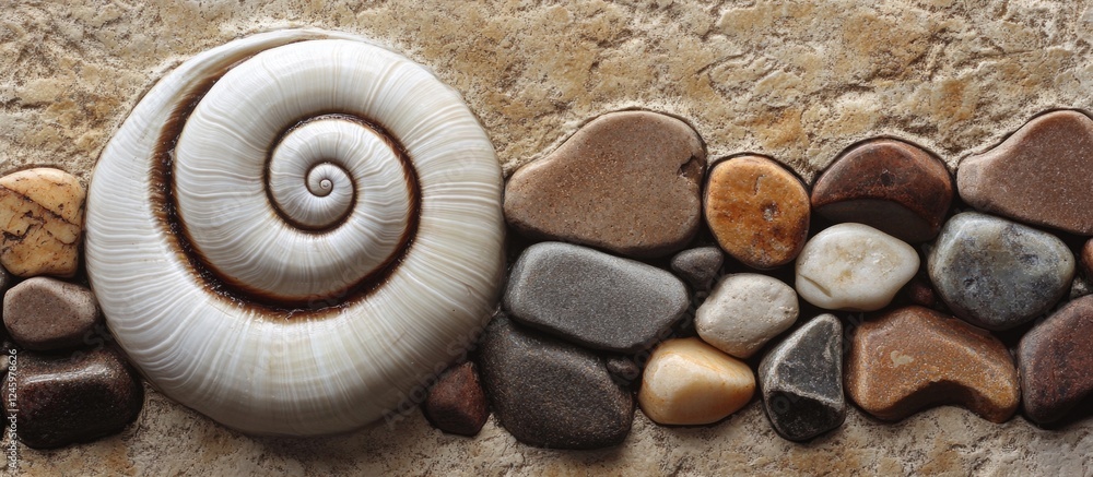 Poster spiral white snail shell resting on a textured surface adorned with assorted smooth brown and tan st
