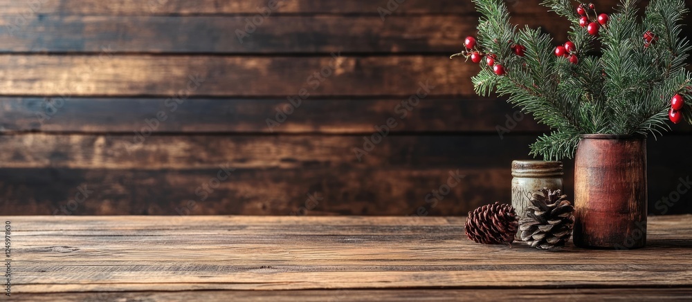 Poster rustic home decor with cozy atmosphere featuring empty space for text and seasonal elements on shelv