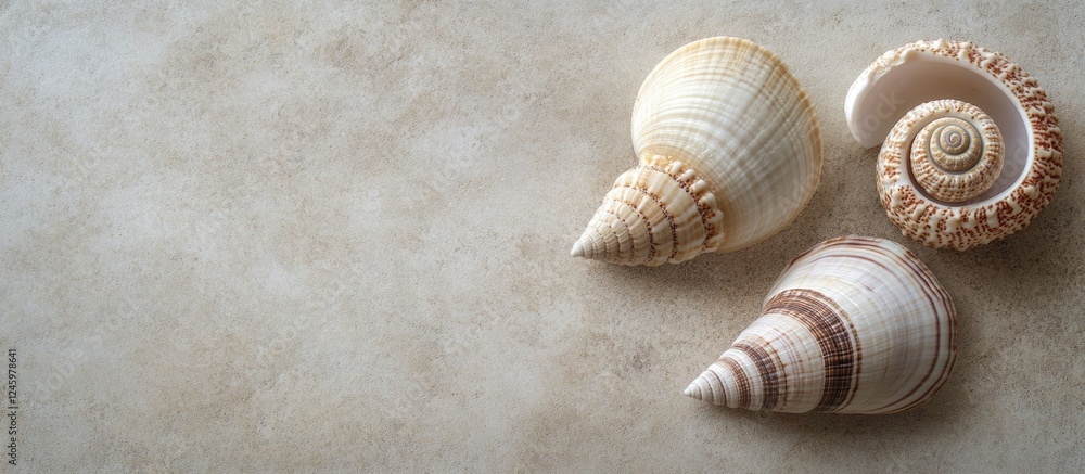 Poster still life composition of three beautifully arranged sea shells on a textured background ideal for m