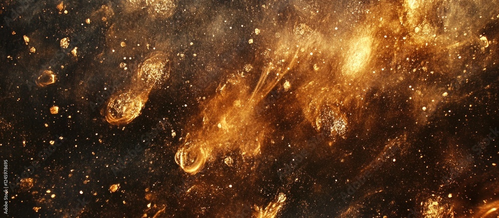 Poster golden bokeh particles and highlights create a festive abstract christmas texture on a dark backgrou