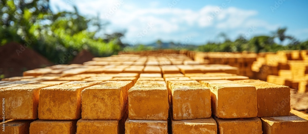 Poster sunlit bricks drying in the field with selective focus on textured surface and lush greenery in back