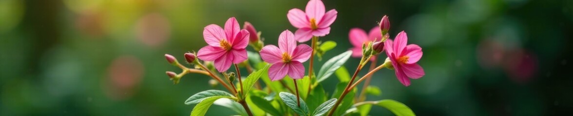 Fototapeta premium Aquilegia canadensis flowers in a vase with fresh green leaves, green, aquilegia canadensis