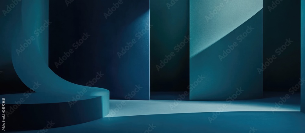 Poster dark blue and turquoise abstract background with geometric shapes creating a minimalistic space idea
