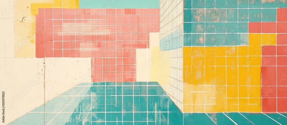 Poster Abstract office artwork featuring vibrant colorful grids and ample blank space for text or branding elements.