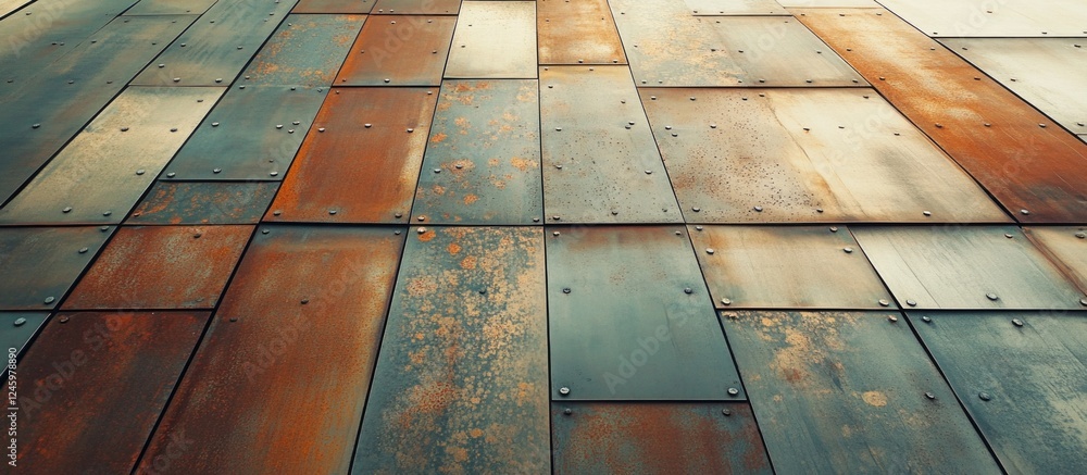 Poster close-up of weathered metal sheet wall with rust and patina showcasing texture and color variations 