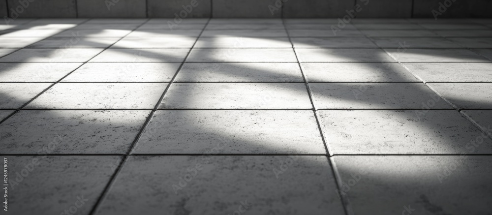 Fototapete Concrete block flooring perspective with shadow patterns creating a modern minimalist aesthetic in a well-lit interior space.