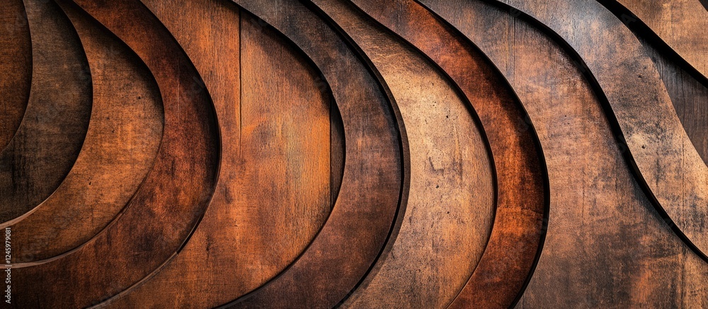 Poster curved wooden panel pattern showcasing cleaved textures and rich brown hues in a modern interior des