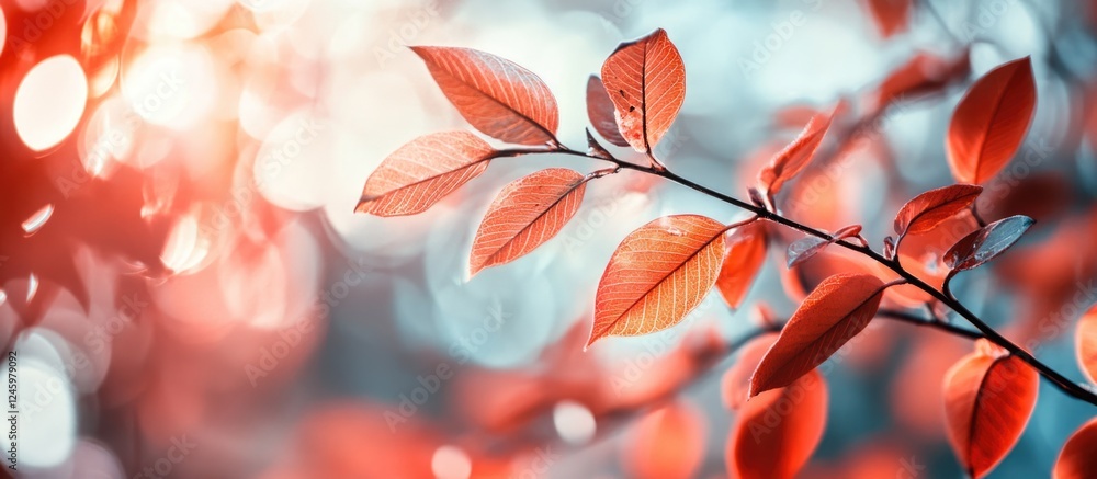 Poster vibrant autumn leaves with sunlight creating a warm glowing background in a nature close-up composit
