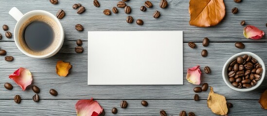 Elegant mockup of a blank white poster flyer on a rustic wooden table surrounded by coffee beans and rose petals for advertising use