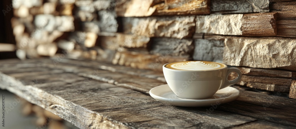 Poster latte art coffee cup resting on rustic wooden surface with stacked logs in the background creating a