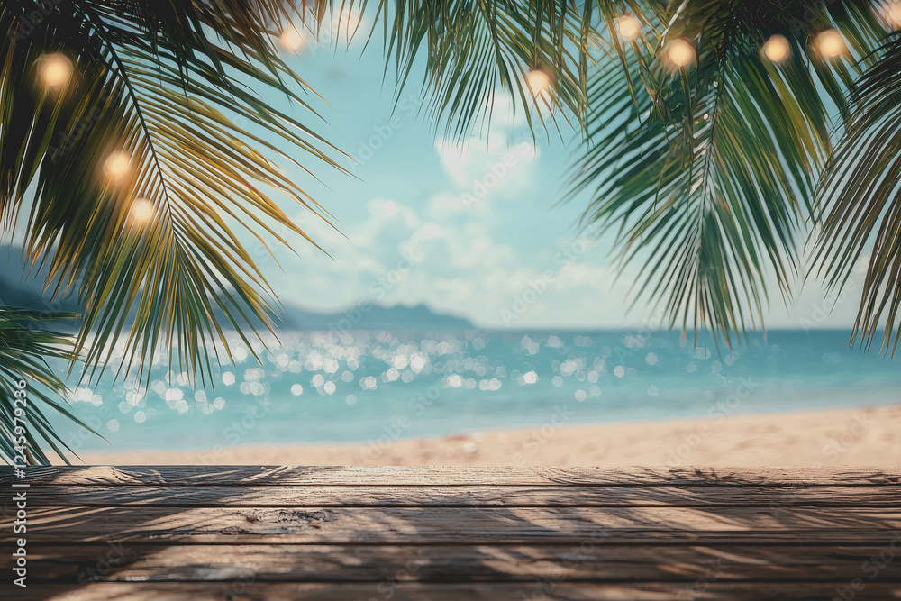 Poster wooden table positioned near a scenic view of the ocean with waves and blue sky in the background cr