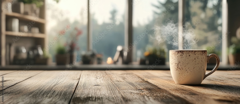 Poster cozy coffee cup with steam on wooden table capturing a warm, inviting atmosphere in a rustic interio
