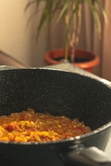Unfinished indian dish in pan in kitchen