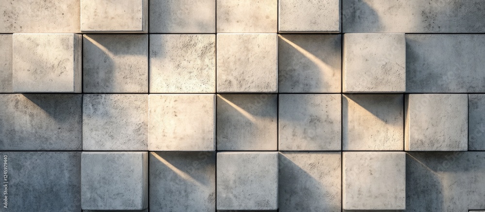 Poster Concrete blocks texture with warm light and shadows creating a modern tiled background for architectural and design projects