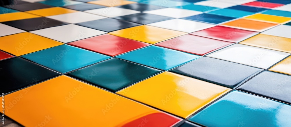 Poster Vibrant Geometric Floor Tiles with Colorful Patterns and Open Space for Text Placement