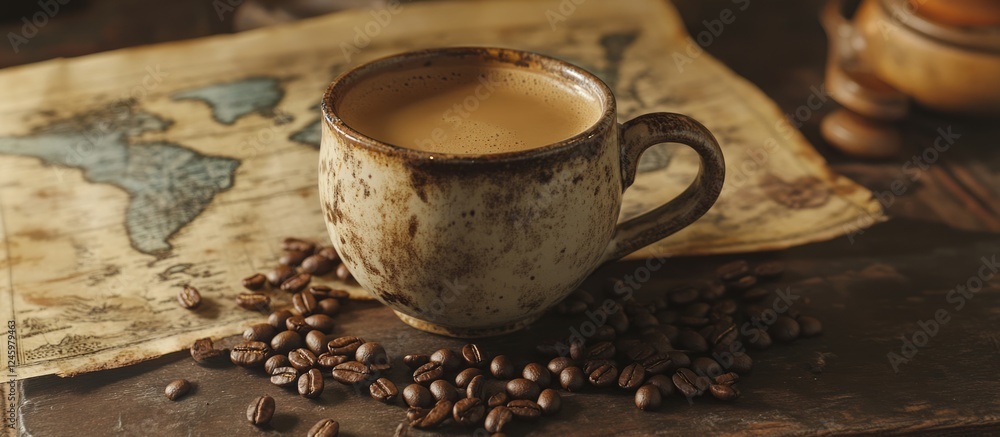 Poster cup of coffee with coffee beans on vintage map creating a cozy and inviting coffee-themed atmosphere
