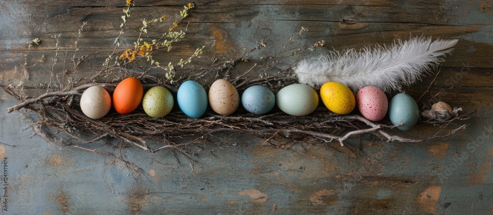 Poster colorful easter eggs in a nest with feathers and willow branches on a rustic wooden background for a