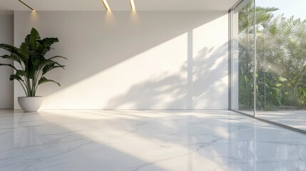 Elegant minimalist white marble floor reflecting soft ambient light in modern living space