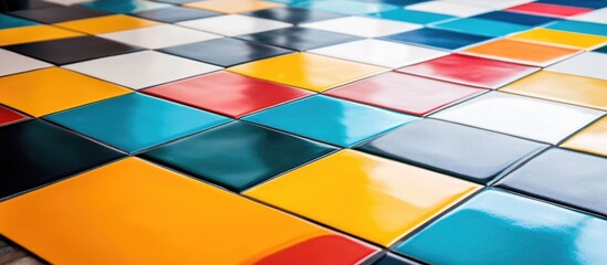 Fototapeta premium Vibrant Geometric Floor Tiles with Colorful Patterns and Open Space for Text Placement