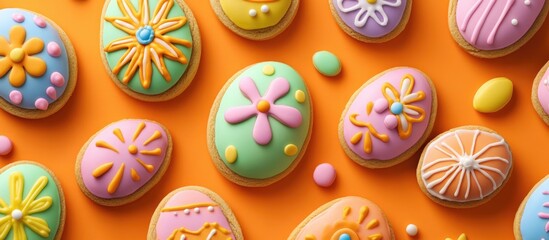 Colorful homemade Easter cookies shaped like eggs decorated with vibrant icing on an orange background creating a festive seasonal display.