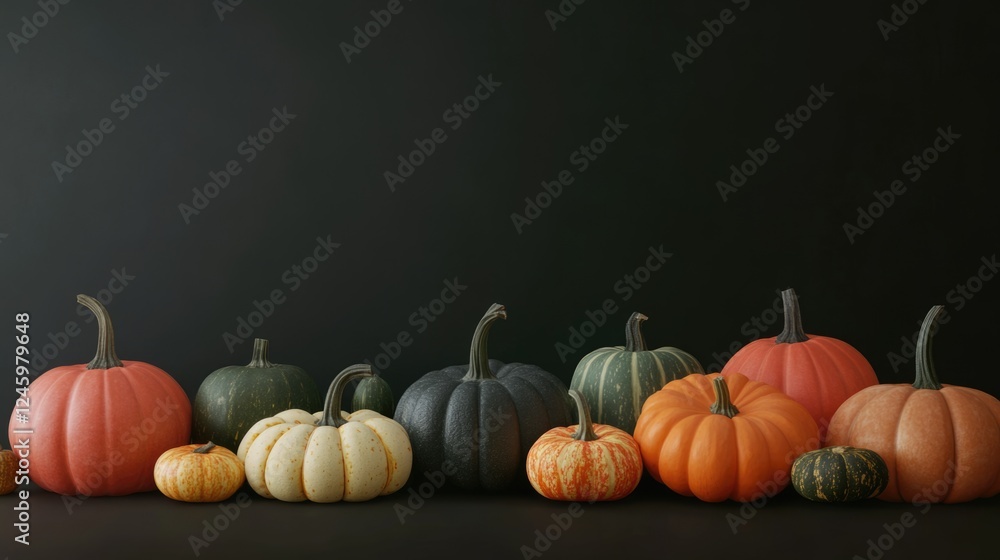 Poster arrangement of decorative pumpkins in varying sizes with dark backdrop and ample empty space for tex