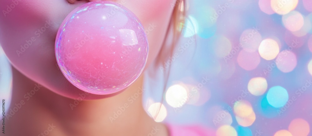 Poster Chewing gum bubble concept with space for text on colorful background creating a playful and vibrant atmosphere for advertisements