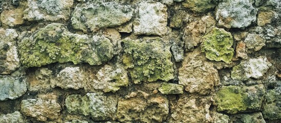 Obraz premium Grunge texture of a weathered stone wall adorned with vibrant lichen showcasing an abstract and artistic background for various designs.