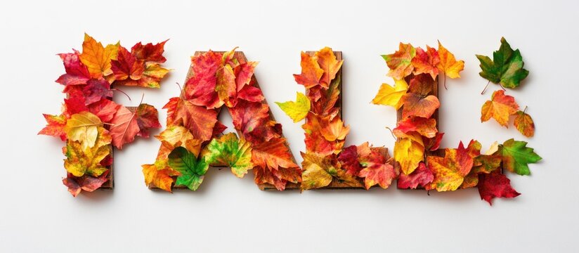 Autumn leaves forming the word FALL on a wooden board against a white background seasonal concept for fall and nature themes