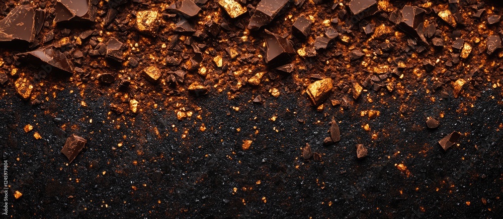 Poster crushed chocolate pieces scattered on a dark surface creating a rich and textured background for cul