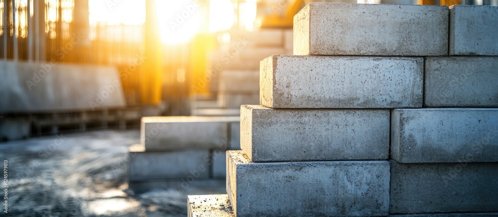 Poster concrete blocks stacked on construction site with sunlight illuminating the scene showcasing industr