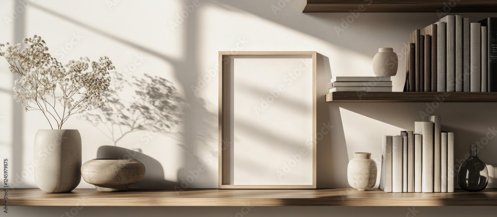 Poster elegant vertical white wood photo frame on a minimalist bookshelf with soft sunlight and decorative 
