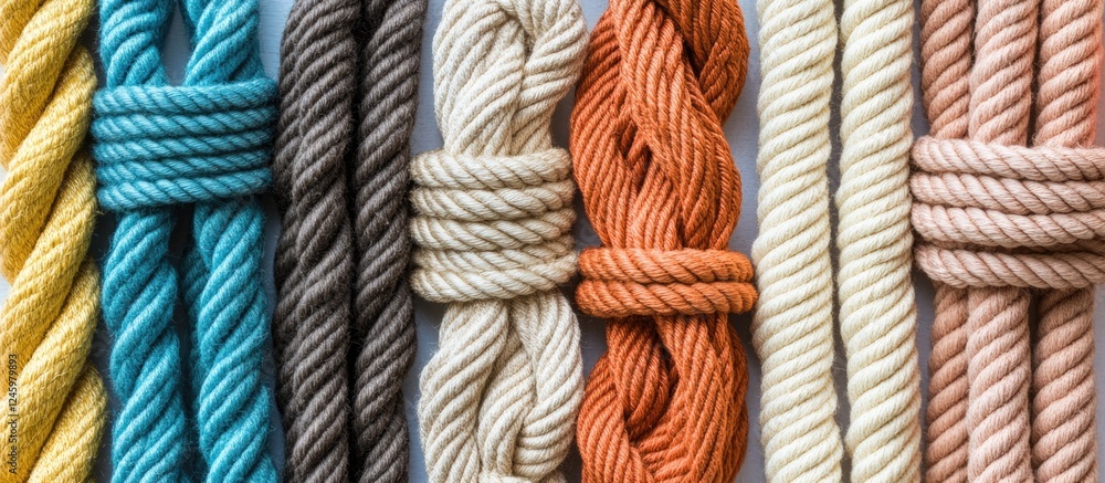 Poster Colorful collection of various ropes and strings against a white background showcasing different textures and materials.