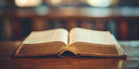 Christian Leadership Conference promoting business ethics with open Bible and empty space for text on wooden table