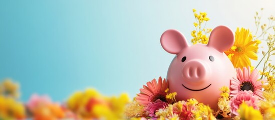 Monthly savings promotion for energy plans featuring a piggy bank surrounded by vibrant flowers and space for text.