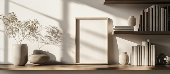 Elegant vertical white wood photo frame on a minimalist bookshelf with soft sunlight and decorative elements for stylish mockup display.