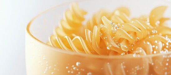 Durum wheat pasta in a transparent glass showcasing unique spiral shapes ideal for food related advertisements and promotional materials.
