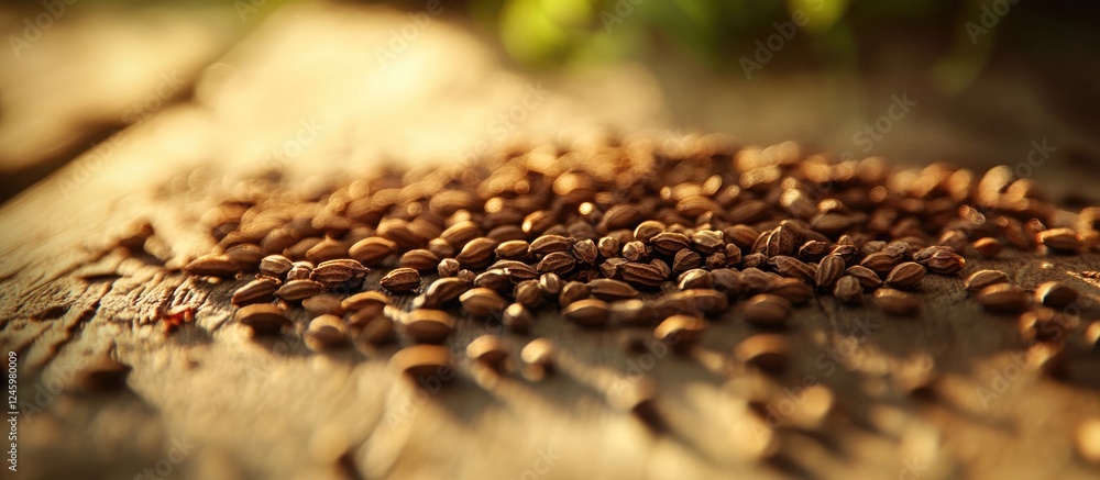 Poster Cumin seeds scattered over a rustic wooden surface with natural light emphasizing their texture and earthy tones.