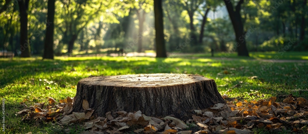 Fototapete wooden tree stump in a tranquil park setting surrounded by lush greenery and sunlight filtering thro