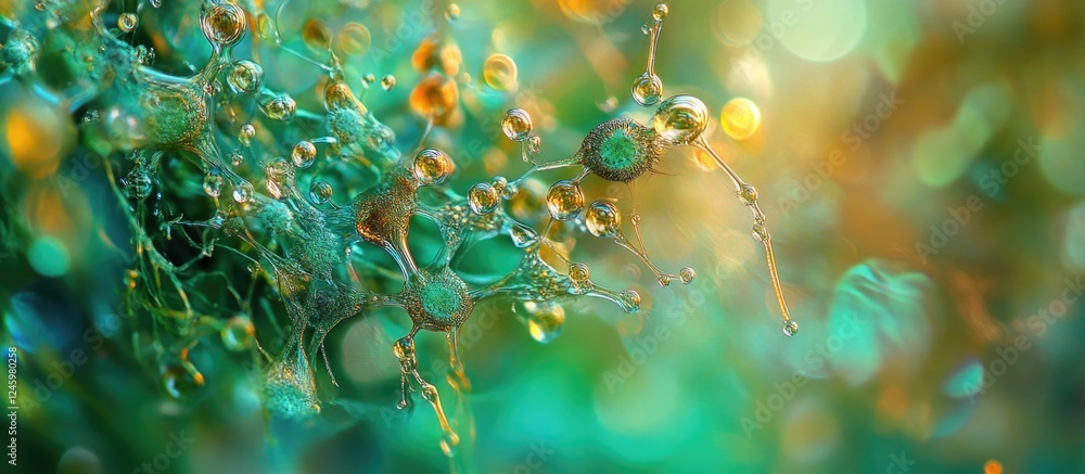 Poster macro view of vibrant forest moss with dew droplets showcasing an abstract natural background and di