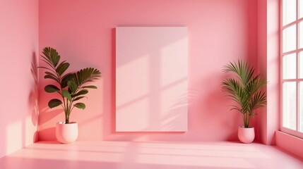 Pink Room Interior Design with Blank Canvas and Potted Plants
