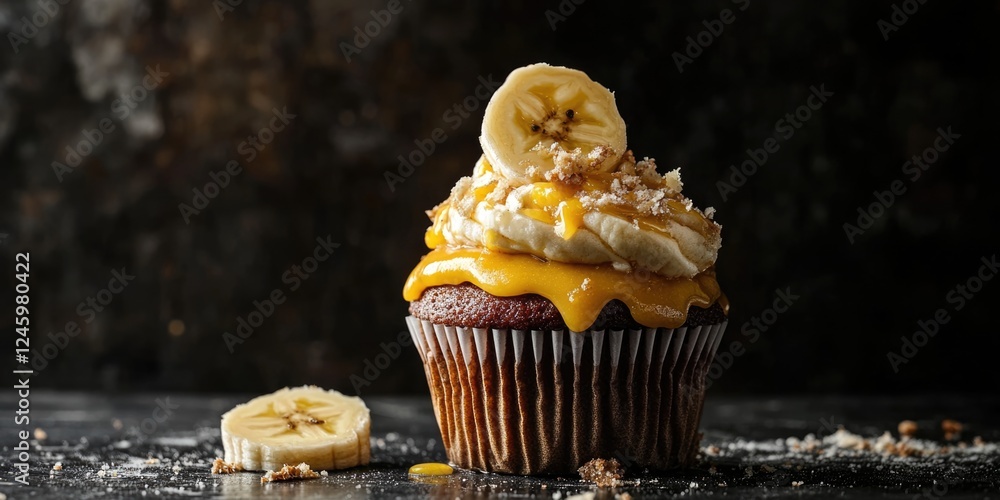 Poster indulgent chocolate banana cupcake with creamy frosting and garnish against dark background with emp