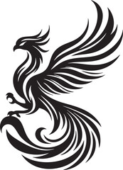 Stylized Phoenix Bird Vector Illustration: Black Outline Design